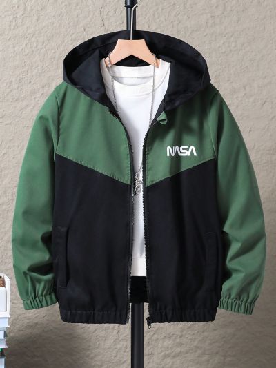 Teen Boys' Hooded Jacket With Letter Print And Color Block Design