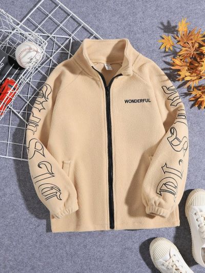 SHEIN Kids SPRTY Boys' Letter Printed Zipper & Fleece Jacket For Big Kids
