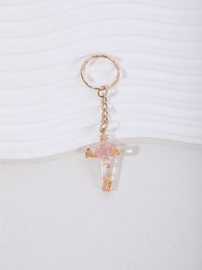 1pc Female Dry Flower & Cross & Crystal Decor Keychain