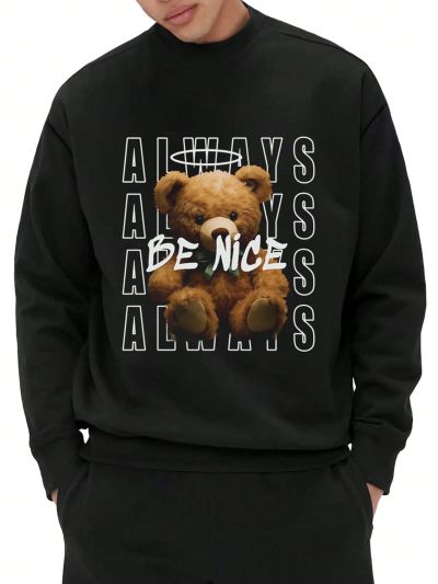 Men'S Round Neck Drop Shoulder Sleeve Casual Sweatshirt With Text & Cartoon Print