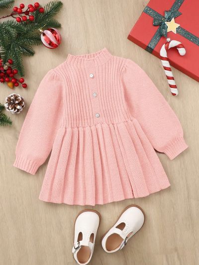 SHEIN Baby Girls' Cute Long Sleeve High-necked Sweater Dress