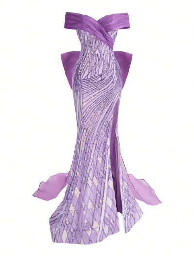 SHEIN Belle Women'S Off Shoulder Mermaid Style High Slit Sequined Lace Evening Dress