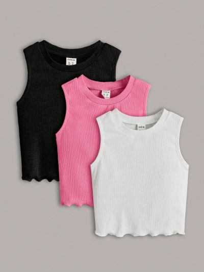 SHEIN Kids EVRYDAY Young Girl 3pcs Casual Comfortable Solid Color Sleeveless Vest Tops