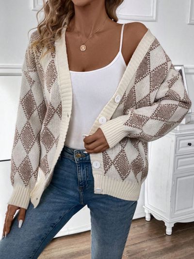 Women'S Diamond Check Open Front Cardigan