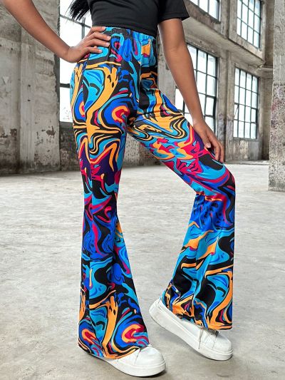 SHEIN Kids Cooltwn Tween Girls' Casual Knitted Graffiti Print High Waisted Flare Pants For Spring/Summer