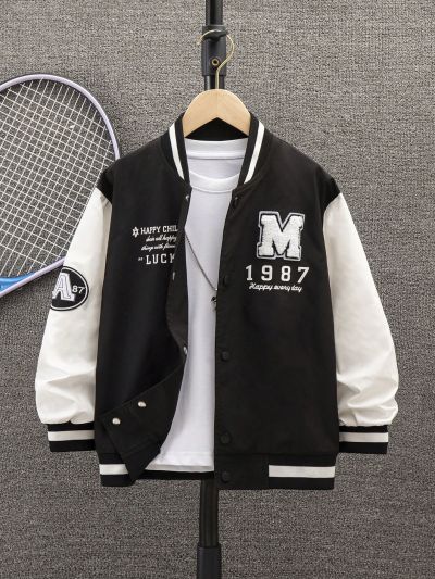 SHEIN Boys' Spring Color Block Letter Print Casual Jacket
