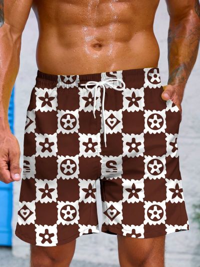 Men's Plus Size Plaid Drawstring Waist Beach Shorts
