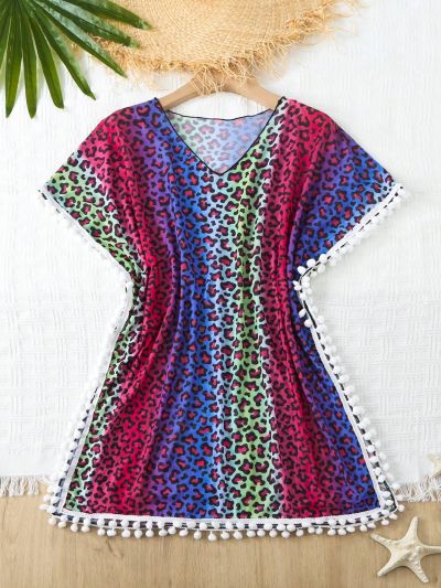 Teen Girl Colorblocked Leopard Print Cover-Up Shirt