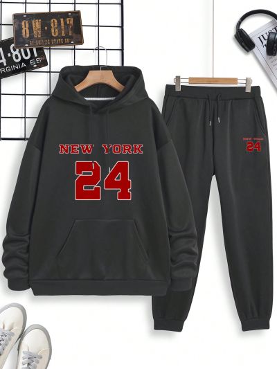 Men's Letter Printed Hoodie & Sweatpants Set With Drawstring