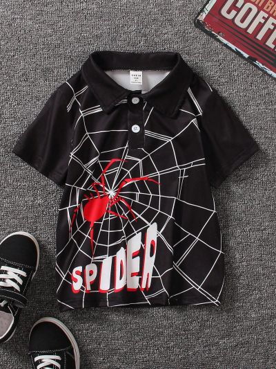 SHEIN Kids Cooltwn Toddler Boys' Casual Short Sleeve Spider Printed Polo Shirt