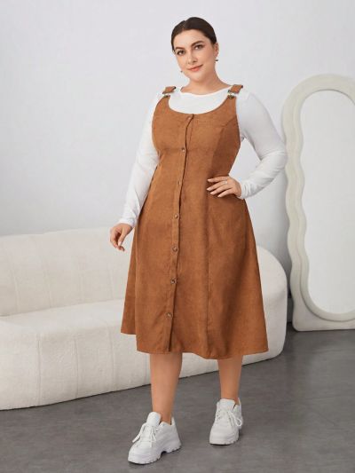 SHEIN Essnce Women'S Plus Size Sleeveless Suspender Dress And Long Sleeve T-Shirt 2pcs/Set