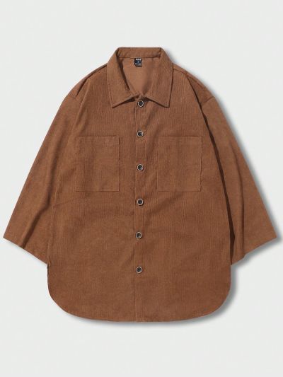 Men Solid Button Front Corduroy Shacket