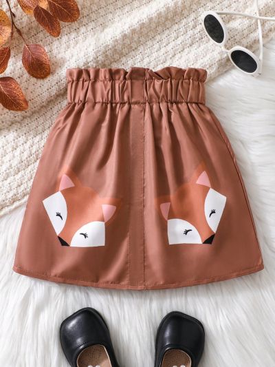 SHEIN Kids QTFun Little Girls' Cartoon Fox Print Paper Bag Waist A-Line Skirt