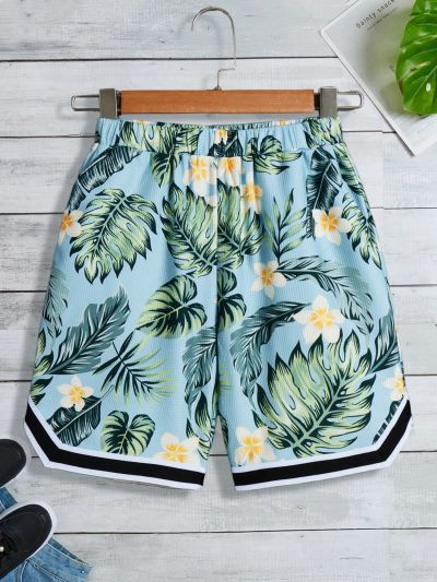 SHEIN Boys' Vacation Style Floral Print Knit Shorts With Tape, Summer