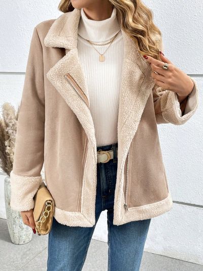 SHEIN Frenchy Women's Fleece Lined Motorcycle Jacket With Fur Collar