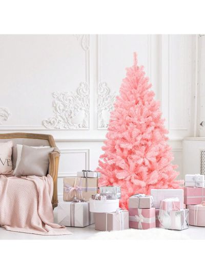 Gymax 6ft Pink Artificial Christmas Tree Hinged Spruce Full Tree w/ Metal Stand