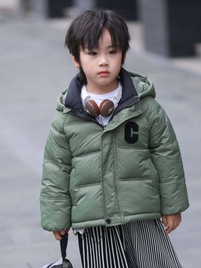 Boys' Letter & Check Pattern Short Casual Hooded Padded Coat, Winter