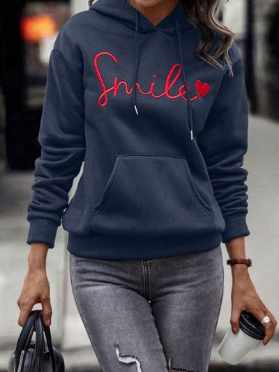 Hooded Sweatshirt With Letter And Heart Embroidery And Drawstring