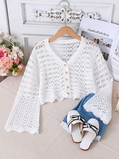 Tween Girls' Long Sleeve Hollow Out Open Front Cardigan