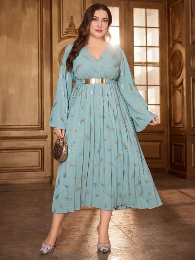 SHEIN Modely Plus Size Feather Print Belted Ruffle Flare Sleeve Dress