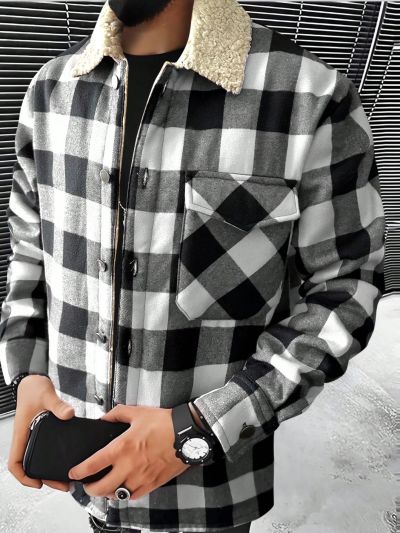 Manfinity Homme Men's Plaid Patchwork Collar Shirt Jacket