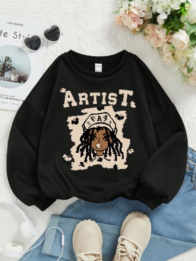 Young Girls' Casual Letter Print Long Sleeve Round Neck Sweatshirt, Suitable For Autumn And Winter