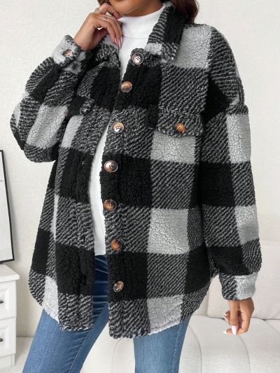 SHEIN Maternity Buffalo Plaid Print Drop Shoulder Teddy Coat