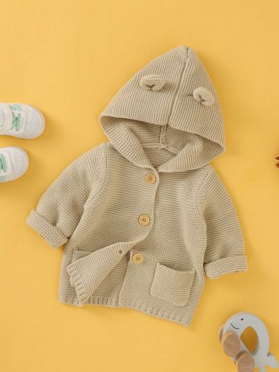 Baby Boy Pocket Front 3D Patched Hooded Cardigan