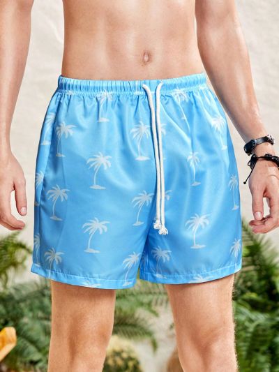SHEIN Teenage Boys' Casual Coconut Tree Printed Loose Beach Shorts