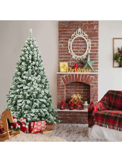 Gymax 6ft Snow Flocked Christmas Tree Hinged Artificial Pine Tree w/ Metal Stand