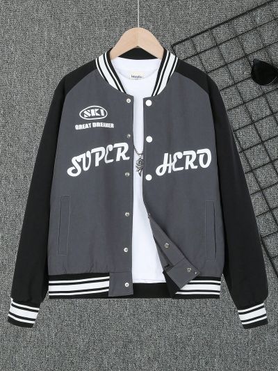 Teen Boy Striped Colorblock Baseball Jacket