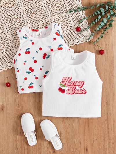 SHEIN Girls' Knitted Cherry Patterned Casual Vest