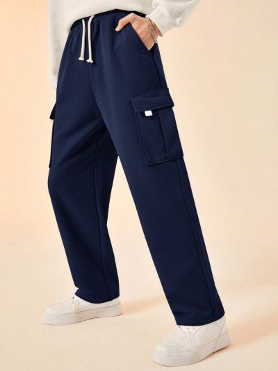 SHEIN Teenage Boys' Casual Loose Fit Side Striped Weave Belt Decoration Pockets Straight Pants