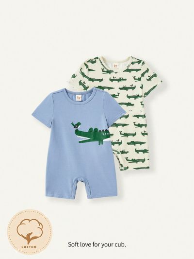 Cozy Cub Baby Boy Cartoon Crocodile Pattern Short Sleeve Romper With Shorts 2pcs/Set