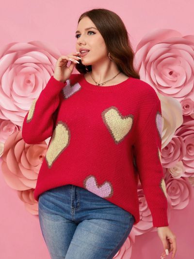 SHEIN LUNE Plus Size Heart Patterned Sweater Pullover