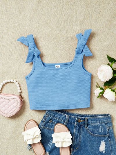 SHEIN Kids EVRYDAY Tween Girls' Knit Textured Bowknot Sleeveless Camisole Top