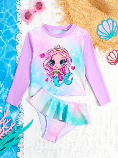 Young Girl Cartoon Mermaid Print Long Sleeve Top And Ruffle Triangle Bottom Bikini Set