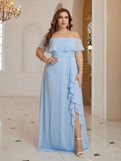 SHEIN Belle Plus Size Hollow Out Shoulder, Ruffle Trim, High Slit, Bridesmaid Maxi Dress