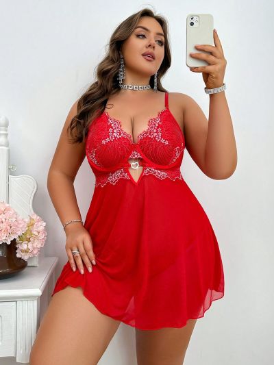 Classic Sexy Plus Size Lace Decorated Backless Cami Dress With T-Back, Sexy Lingerie Set