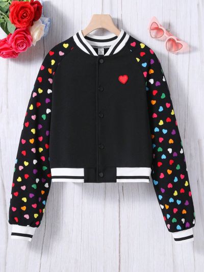 Teenagers (Female) Heart  Print Baseball Collar Jacket