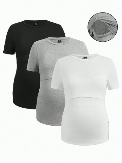 SHEIN 3pcs Maternity Round Neck Short Sleeve Nursing T-Shirt