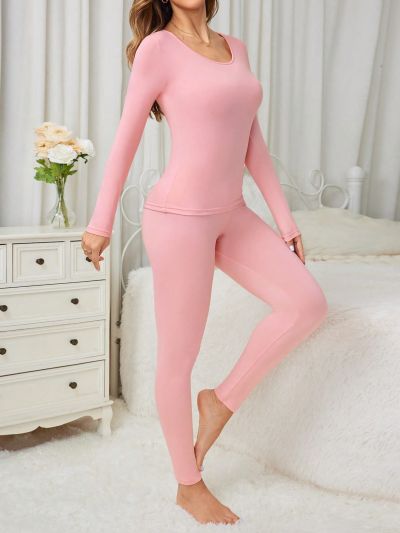 Women's Round Neck Long Sleeve Top And Long Pants Thermal Underwear Set