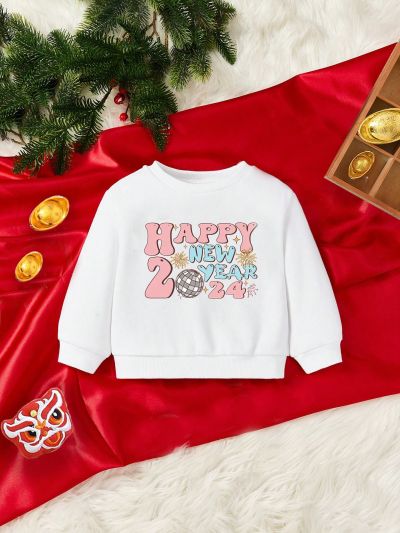 Infant Girls' Casual Long Sleeve Round Neck Sweatshirt With 2024 New Year Pattern, Suitable For Autumn And Winter