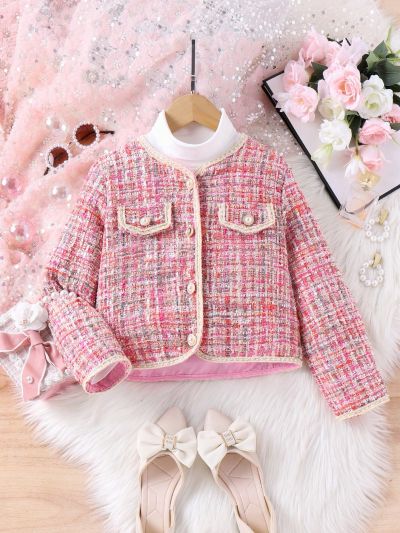 SHEIN Kids EVRYDAY Tween Girls' Flap Detailed Plaid Tweed Jacket Spring