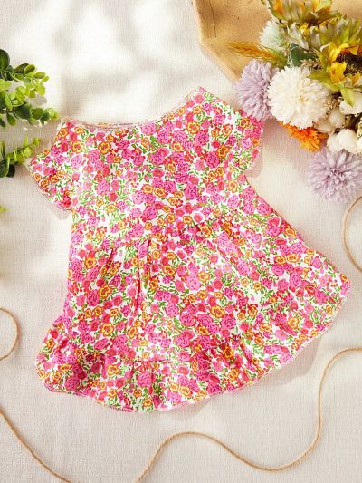 PETSIN 1pc Pink Floral Cute Pet Dress With Bubble Sleeves For Cats And Dogs