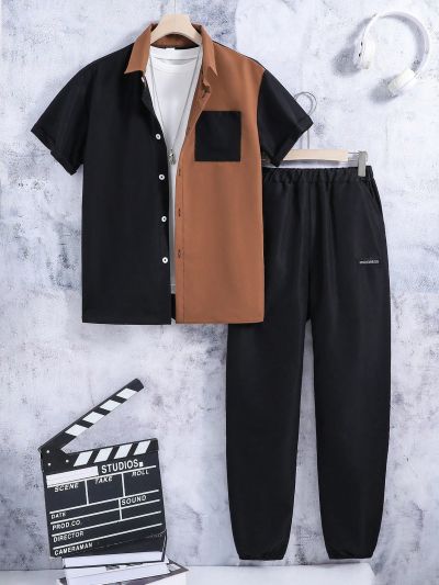 Teenage Boy's Two Piece Set Of Color Block Short Sleeve Shirt With Pocket And Pants