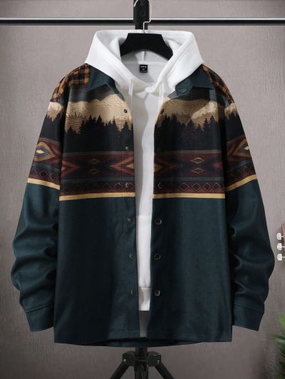 Men Geo Print Button Up Shacket