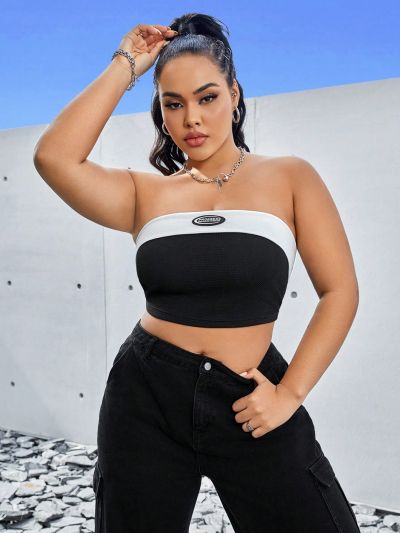 SHEIN Coolane Women'S Plus Size Color Block Patched Detail Bustier Top