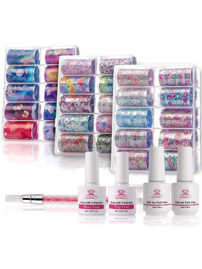 Makartt 2pcs Nail Art Foil Glue Gel with 30 Sheets Flower Transfer Foil Stickers& Gel Base Top Coat Set,All in One Adhesive Nail Decals Nail Design Kit for DIY Nail Decoration Women Girls