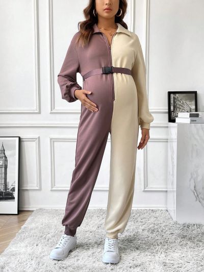SHEIN Maternity Color Block Jumpsuit With Waist Belt